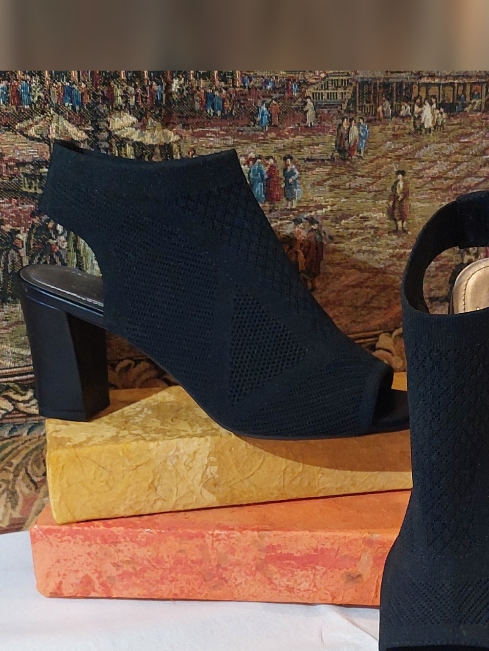 Impo Black Knit Open-Toe Block Heel Booties with Back Strap